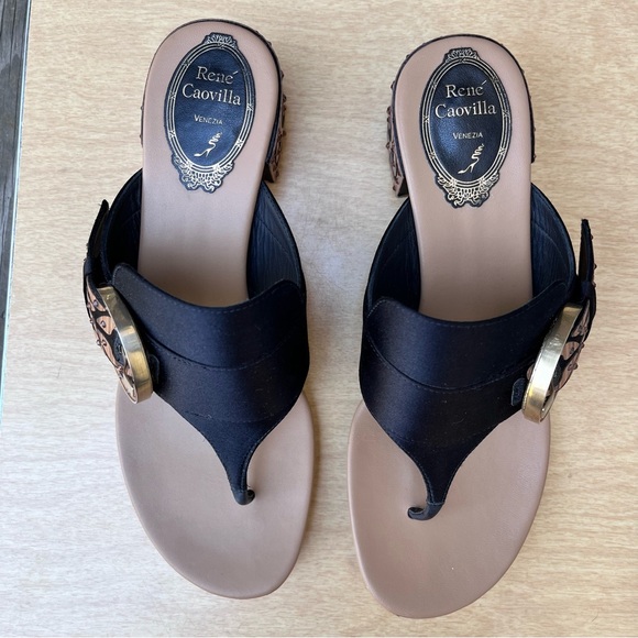 Rene Caovilla Satin Crystal & Wood Embellished Thong Sandal Heels Sz 37.5 Italy - Picture 7 of 16